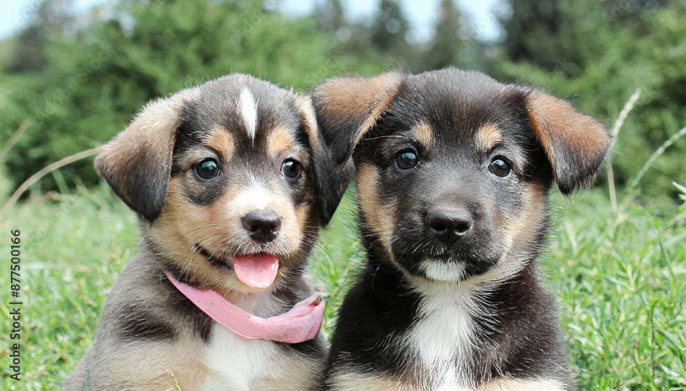 A collection of puppies seated together on a grassy field, backed by a fence A collection of puppies seated together on a grassy field, backed by a fence