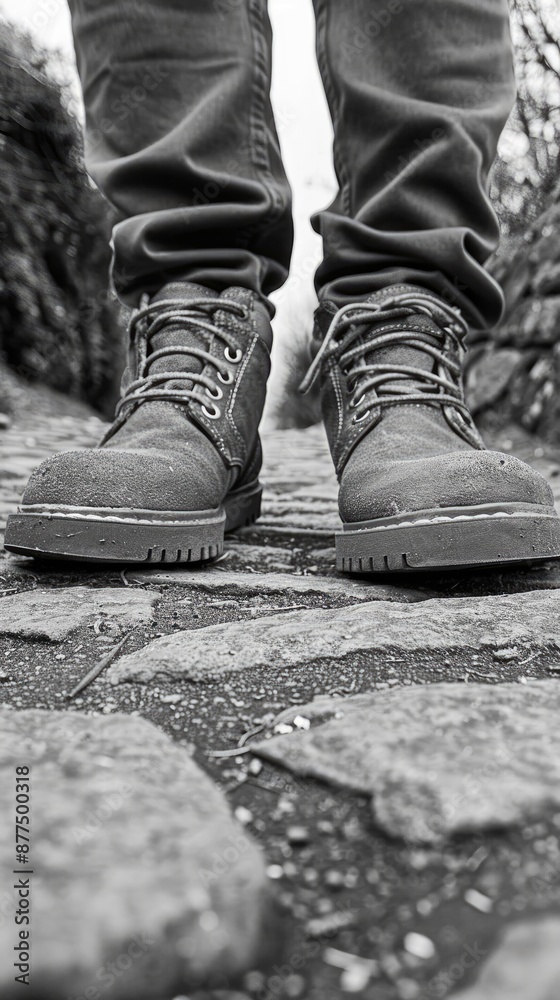 A pair of leather boots worn by a person wearing jeans are shown on a city street. A pair of leather boots worn by a person wearing jeans are shown on a city street.