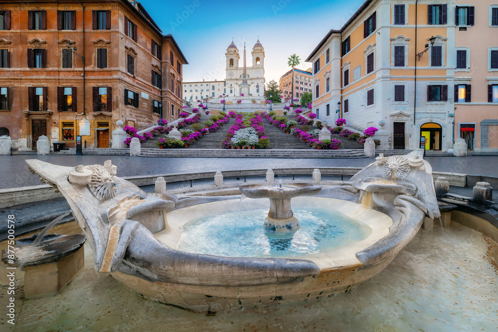 Naklejka premium Spanish Steps in the morning with azaleas in Rome, Italy.