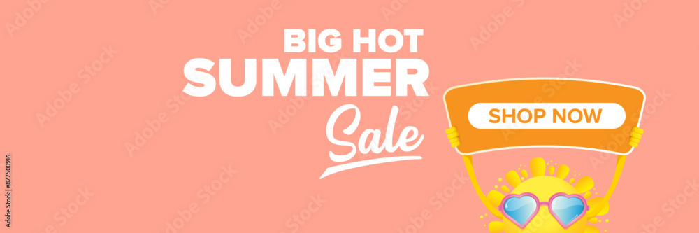 Fototapeta premium Summer Sale horizontal wide web banner. summer happy sun character holding sign or banner with special offer sale text isolated on soft pastel pink horizontal background. Summer sale