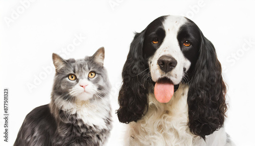 Portrait of a dog Spaniel and cat Scottish Straight isolated white background.