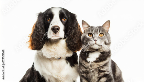 Portrait of a dog Spaniel and cat Scottish Straight isolated white background.