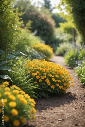 A stone path winding through a lush garden filled with vibrant orange blooms on a sunny day