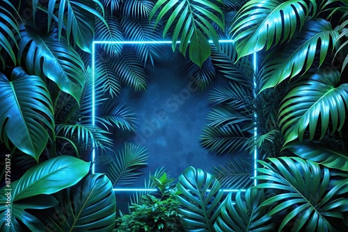  Luminous Tropics Neon Blue Light Frame Embracing Green Tropical Leaves on Dark Background, Tropics, Tropical, Embracing, Frame, Blue, Light, Neon, Luminous, Green