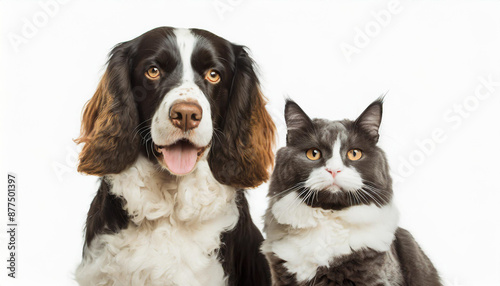 Portrait of a dog Spaniel and cat Scottish Straight isolated white background.