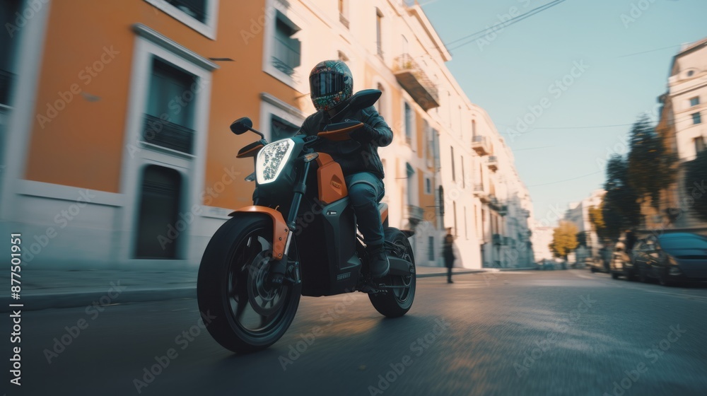 man on electric motorcycle in urban context,generated with AI. High quality photo man on electric motorcycle in urban context,generated with AI. High quality photo