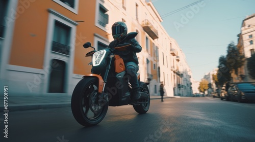 man on electric motorcycle in urban context,generated with AI. High quality photo