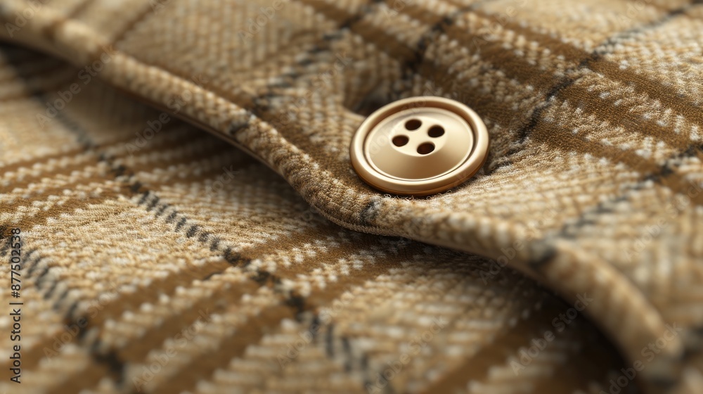A single brown button is sewn onto a brown and beige plaid fabric. The button has four holes A single brown button is sewn onto a brown and beige plaid fabric. The button has four holes