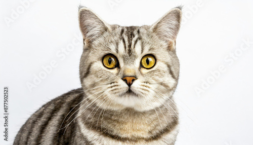 Portrait of a pretty silver tabby british shorthair cat looking at the camera isolated on a white background