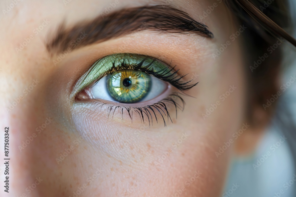 Obraz premium Close-Up of a Green Eye with Green Eyeshadow and Natural Freckles