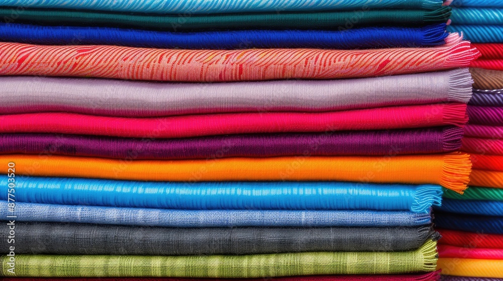 A close-up of a stack of colorful fabric scarves folded neatly. A close-up of a stack of colorful fabric scarves folded neatly.