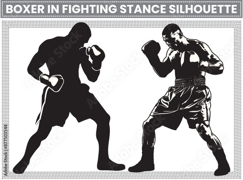 Boxer in Fighting Stance Silhouette, This group of sports figures features boxers isolated on a white background, demonstrating direct kicks, clinches, fighting stances, knockouts, and hooks.