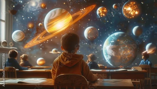 Obraz na płótnie Group of skilled elementary student studying about astronomy and space at classroom by using technology innovation to simulate planet. Diverse children playing and exploring planet and star. w salonie