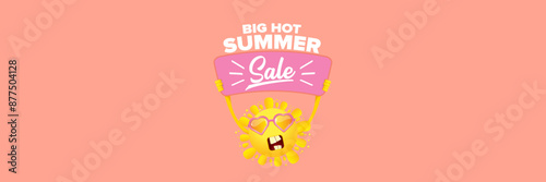 Summer Sale horizontal wide web banner. summer happy sun character holding sign or banner with special offer sale text isolated on soft pastel pink horizontal background. Summer sale