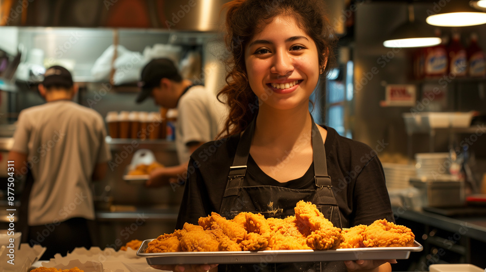 A cheerful young woman holding a tray of assorted fried chicken pieces in a bustling fast-food restaurant, smiling at the camera. Ai generated A cheerful young woman holding a tray of assorted fried chicken pieces in a bustling fast-food restaurant, smiling at the camera. Ai generated