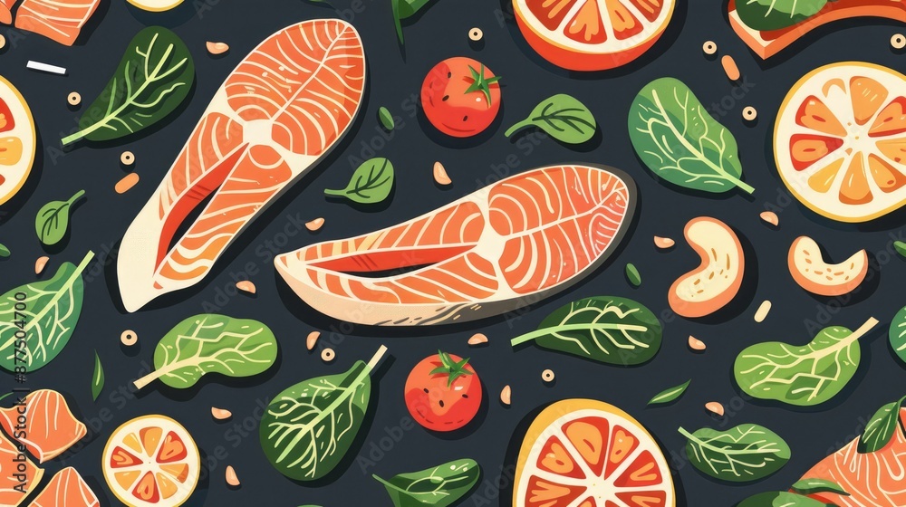 Seamless pattern of healthy keto foods like salmon, spinach, and tomatoes. Seamless pattern of healthy keto foods like salmon, spinach, and tomatoes.