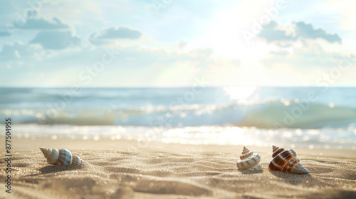 Wallpaper Mural A serene beach scene with three sea shells on the sand, bathed in soft sunlight, set against a backdrop of gentle ocean waves. Torontodigital.ca
