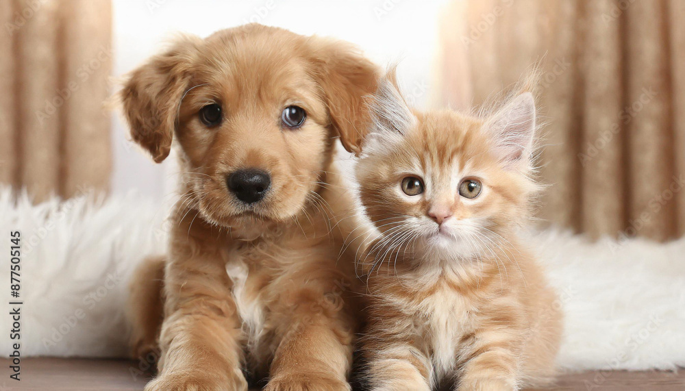 Friendship of puppy and kitten - golden retriever puppy and kitten cuddling Friendship of puppy and kitten - golden retriever puppy and kitten cuddling