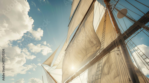 The sails of a majestic ship billow in the wind, catching the golden sunlight as it sails through a clear sky dotted with fluffy clouds.