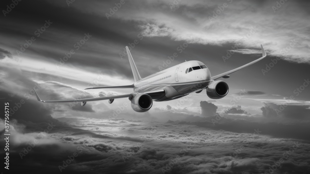 Obraz premium A large jetliner flying through the clouds in a black and white photo, AI