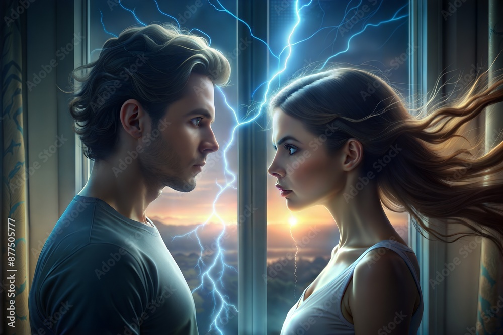 Woman, man and lightning as a symbol of aggression and fear. Difficult relationships in the family. Woman, man and lightning as a symbol of aggression and fear. Difficult relationships in the family.