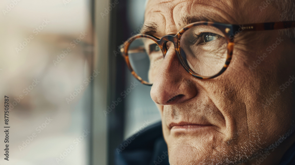 Pensive elderly man looking out a window with gentle light illuminating his thoughtful expression and glasses. Pensive elderly man looking out a window with gentle light illuminating his thoughtful expression and glasses.