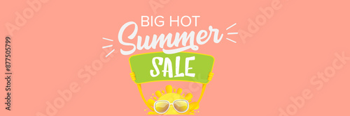 Summer Sale horizontal wide web banner. summer happy sun character holding sign or banner with special offer sale text isolated on soft pastel pink horizontal background. Summer sale