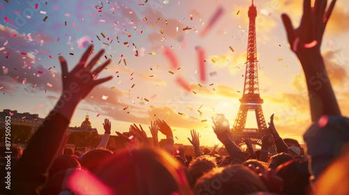 Celebratory crowd with hands raised in front of the Eiffel Tower at sunset, featuring vibrant confetti and joyous energy. photo