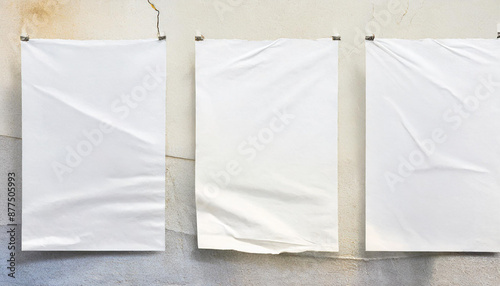 real image white paper wrinkled poster template blank glued creased paper sheet mockup white poster mockup on wall empty paper mockup © netsay