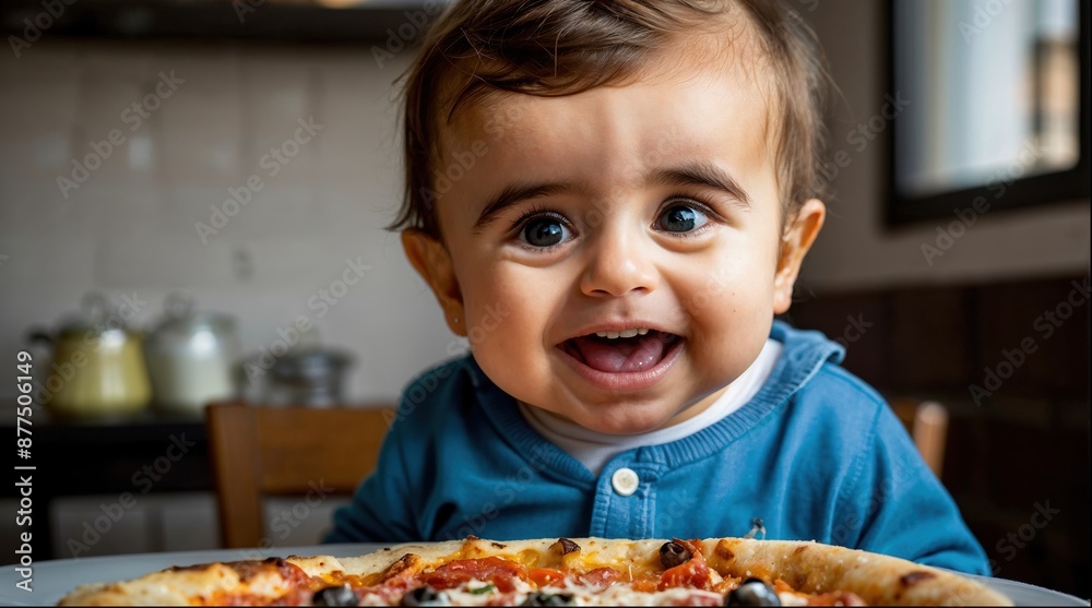 A scared baby looks at a piece of pizza. Nutritional Awareness A scared baby looks at a piece of pizza. Nutritional Awareness