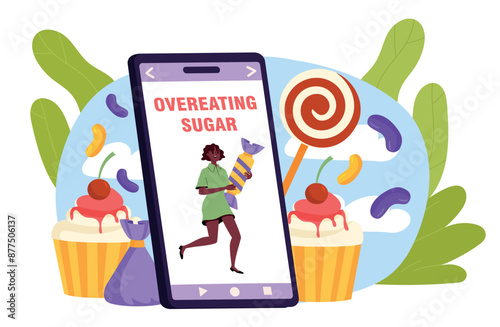 Woman overeating sugar. Young girl with candy in hands on smartphone screen. Unhealthy lifestyle and bad habits. Person with junk food. Cartoon vector illustration isolated on white background