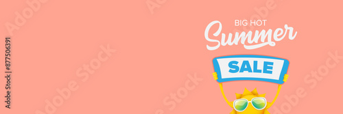 Summer Sale horizontal wide web banner. summer happy sun character holding sign or banner with special offer sale text isolated on soft pastel pink horizontal background. Summer sale