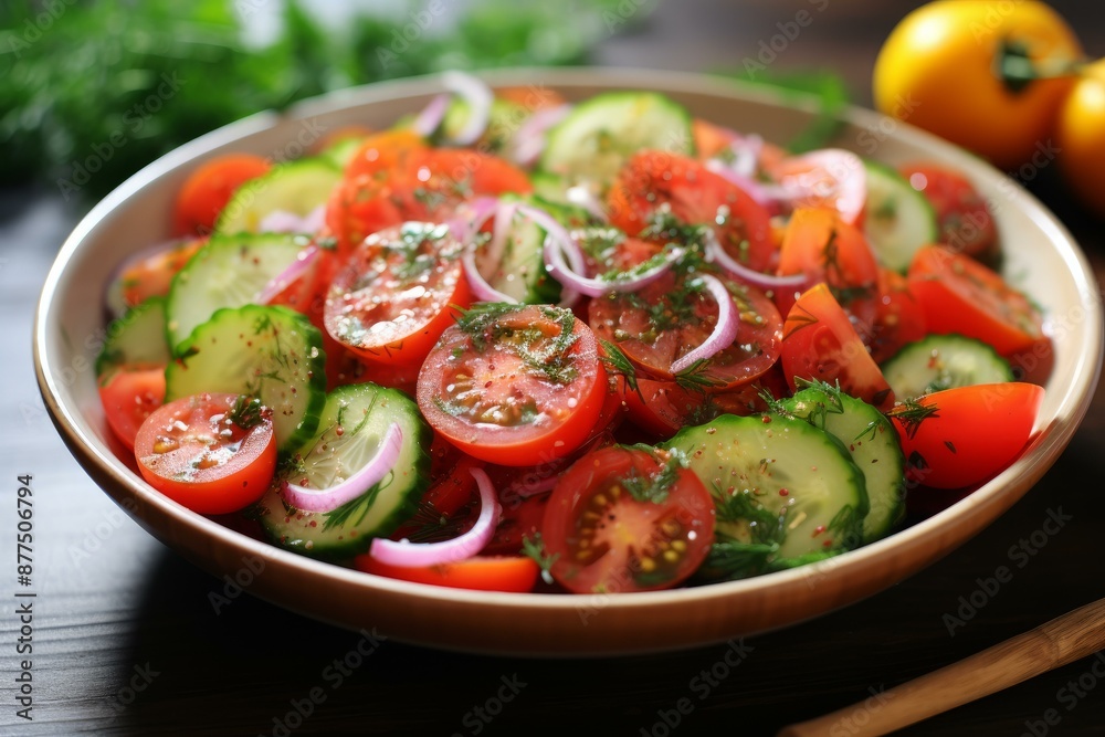 Vibrant bowl of salad with sliced tomatoes, cucumbers, and onions, garnished with dill Vibrant bowl of salad with sliced tomatoes, cucumbers, and onions, garnished with dill