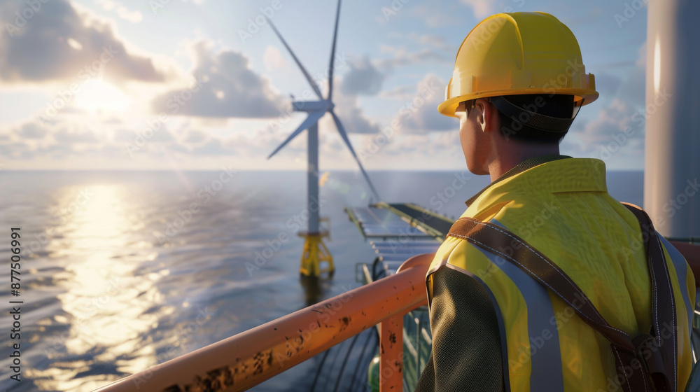 A construction worker in safety gear gazes at an offshore wind turbine as the sun sets over the ocean, symbolizing renewable energy and progress. A construction worker in safety gear gazes at an offshore wind turbine as the sun sets over the ocean, symbolizing renewable energy and progress.