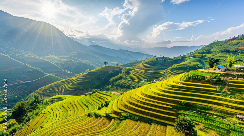 A breathtaking view of terraced rice fields on rolling hills under a bright blue sky and radiant sun, exemplifying the beauty of rural landscapes. A breathtaking view of terraced rice fields on rolling hills under a bright blue sky and radiant sun, exemplifying the beauty of rural landscapes.