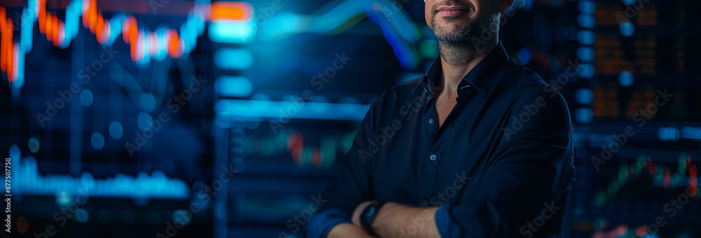A businessman standing in front of a stock market background with trading charts A businessman standing in front of a stock market background with trading charts