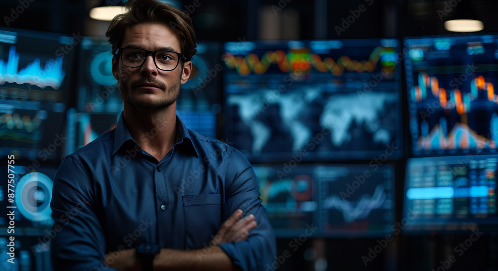 A businessman standing in front of a stock market background with trading charts A businessman standing in front of a stock market background with trading charts