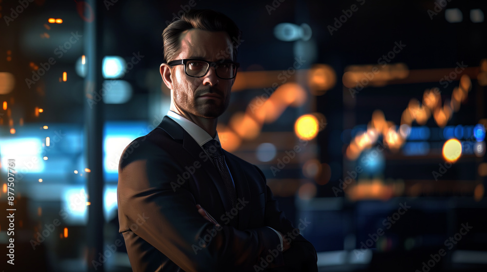 A businessman standing in front of a stock market background with trading charts A businessman standing in front of a stock market background with trading charts