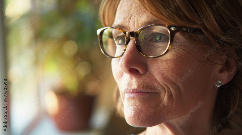 A thoughtful, mature woman with glasses gazing out of a window, surrounded by soft natural light and a cozy indoor setting. A thoughtful, mature woman with glasses gazing out of a window, surrounded by soft natural light and a cozy indoor setting.