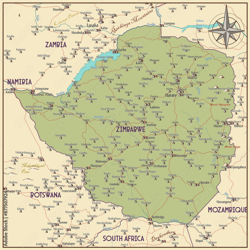 Fototapeta premium Map of Zimbabwe vintage fantasy style