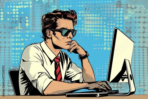 Pop art illustration of a businessman wearing sunglasses working and thinking at a computer with a blue background