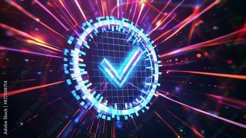Glowing check mark icon on digital background. Futuristic neon light ...