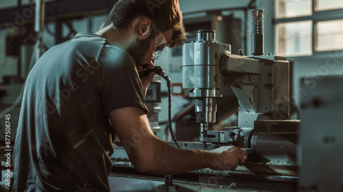A machinist wearing safety gear skillfully operates a milling machine, focusing intently as metal shavings scatter, displaying meticulous craftsmanship.