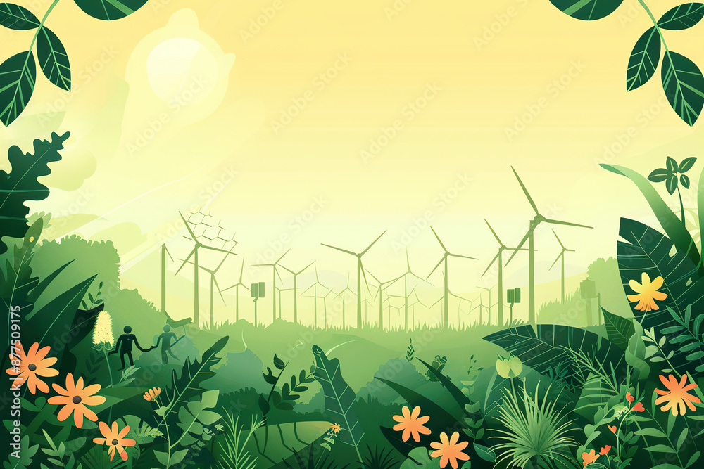 Fototapeta premium A field with two wind turbines and a solar panel, generative ai image.