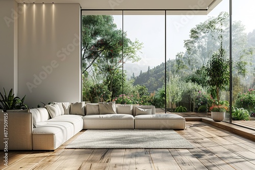 White minimalist living room interior with sofa on a wooden floor, decor on a large wall, white landscape in window. Home nordic interior. 3D illustrationhyperrealism, photorealism, photorealistic.