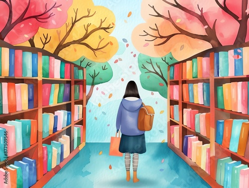 Watercolor image of a campus bookstore, filled with students buying textbooks and materials for their courses