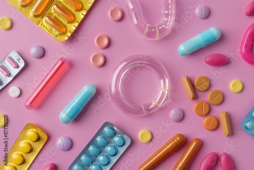 Colorful Assortment of Pills and Capsules on a Pink Background
