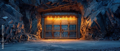 Enigmatic Secret Bunker Entrance in Mountain with Steel Doors Glowing in Dim Light