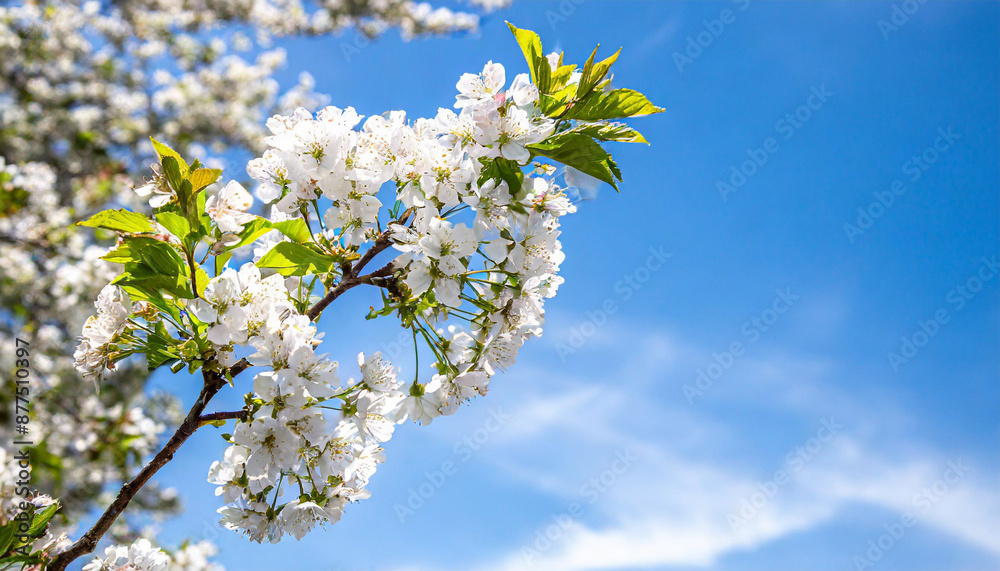 Spring banner, branches of blossoming cherry against background of blue sky and butterflies on nature outdoors. Pink sakura flowers, dreamy romantic image spring, landscape panorama, copy space. Spring banner, branches of blossoming cherry against background of blue sky and butterflies on nature outdoors. Pink sakura flowers, dreamy romantic image spring, landscape panorama, copy space.