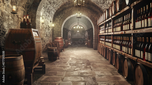 A stone wine cellar lined with rows of barrels and bottles under arched ceilings, evoking a sense of tradition and elegance.